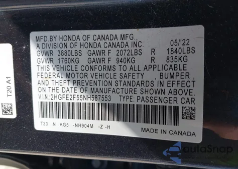 2022 Honda Civic Sport z USA, uszkodzony, nr VIN 2HGFE2F55NH587553